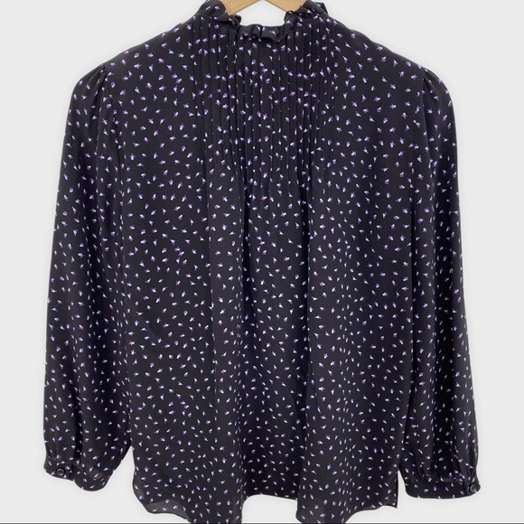 Rebecca Taylor Black Purple White Printed Silk Ruffle Detail Blouse Size 4 - Picture 2 of 9